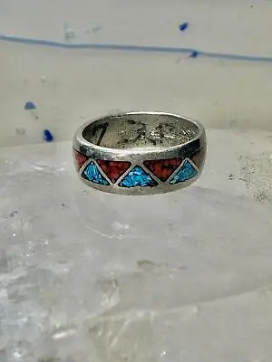 Zuni Ring Turquoise Coral Chips Wedding Band Size 6.75 Sterling Silver Women Men • $58