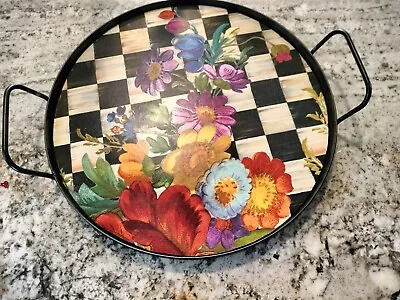 Whimsical 12  Wooden/Metal Tray With Handles Black White Checks Floral Handmade • $32