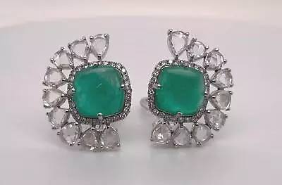 Antique Estate 18K White Gold Cabochon Sugarloaf Emerald & Diamond Halo Earrings • $9965.74