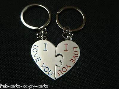 LOVERS COUPLES HEART SHAPE JIGSAW MALE & FEMALE I LOVE YOU 2x KEYRINGS UK SELLER • £3.95