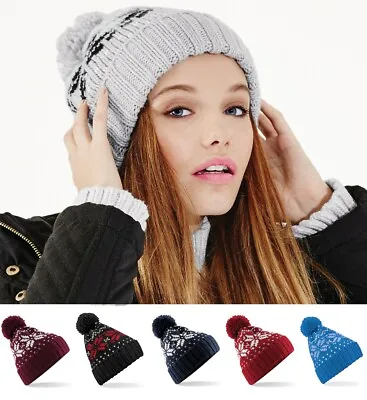 NEW Womens Ladies CLASSIC FAIR ISLE Knit Winter Pom Pom Bobble Ski Beanie Hat • £5.99