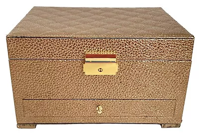 Vintage Jewelry Box Organizer With Key Antique Gold Vinyl Quilted Top Mirror • $24.99