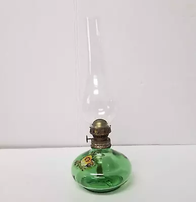 Green Glass Oil Lamp Vintage Floral Table Lamp With Clear Glass Hurricane Shade • $15