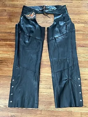 Milwaukee Black Leather Mens Vented Pocket Chaps Thigh Stretch ML1129 5XL • $65