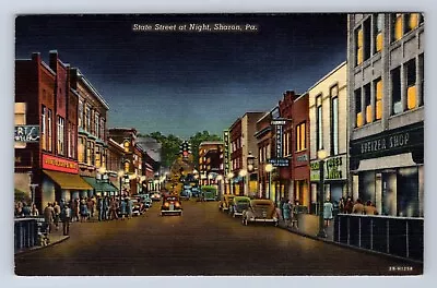 Vintage State Street At Night Sharon Pa~linen Postcard Dj • $6.99