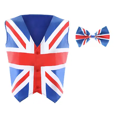 Adult Union Jack Waistcoat & Bow Tie Fancy Dress Costume Coronation Royal Flag • £10.99