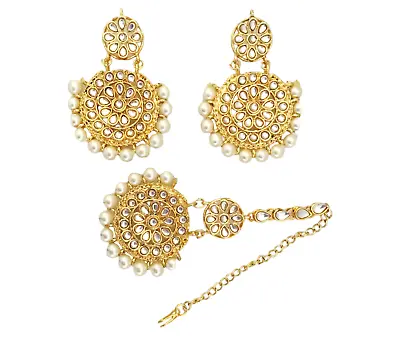 Indian Bridal Maang Tikka Earrings Set Pearl Kundan CZ Gold Tone Jewelry M-68 • $12.38