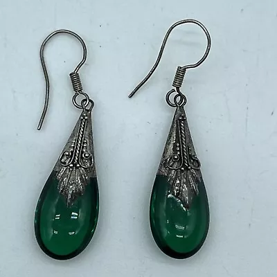 Vintage Green Art Green .925 Silver  Dangling Tear Drop Pierced Earrings • $10.99