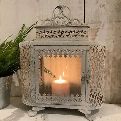 White Metal Glass Lantern Vintage Antique Candle Moroccan Garden Shabby Chic • £54.99