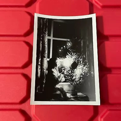 Girl Sitting By Lit Up Christmas Tree Photograph 3.25 X 4.5 Vintage 1956 • $10