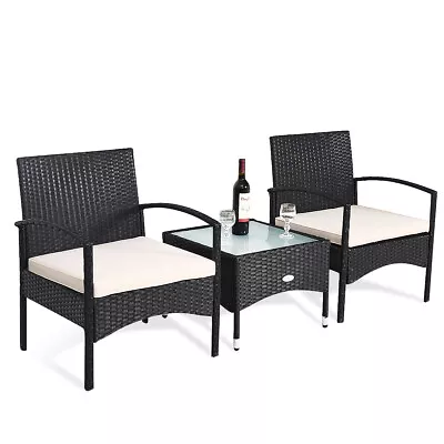 3 PCS Furniture Set Outdoor Coffee Table & 2 Rattan Chairs W/Cushion Table Set • $119.99