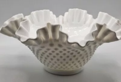 VTG FENTON MILK GLASS HOBNAIL FRUIT BOWL W/RUFFLED RIM 4.5T  10W • $29