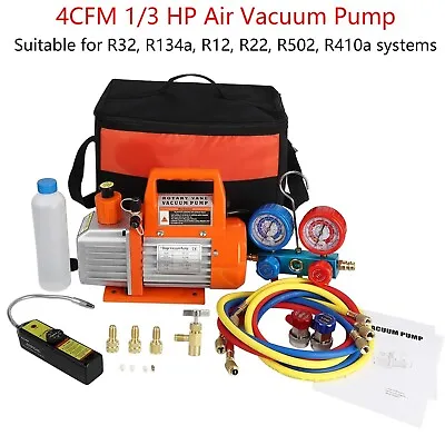 4CFM 1/3HP Air Vacuum Pump And AC Manifold Gauge Set W/ Leak Detector Carry Bag • $132.99