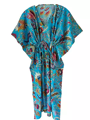 Indian Vintage 100% Cotton Long Beach Maxi Kaftan Dress One Size Caftan Kimono • $26.99