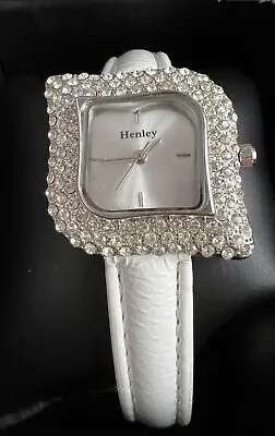 £12.49 • Buy Henley Ladies Girls Teens Square Diamante Faux Leather Strap Watch H06008.1 New