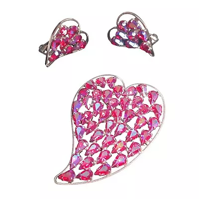 Raspberry Heart Brooch Set Clip Earring Pretty VTG Rhinestones Signed B. David • $44.95