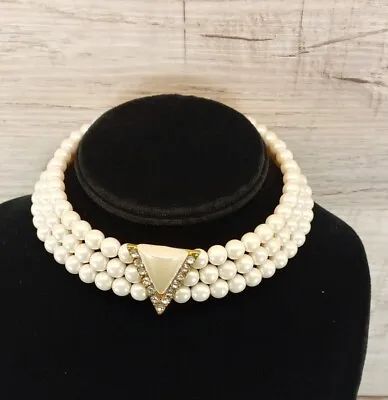 Vintage Chocker Necklace Faux Pearl Multi Strand Triangle Rhinestones Free Ship • $21.95