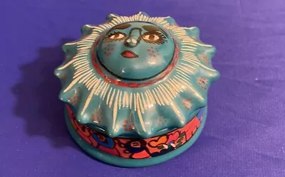 Vtg Mexican Trinket Box Sun Face Turquoise Clay • $16.99