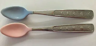 2 Vtg Munchkin Baby Spoon Rubber 1996 90s Stainless Steel Pink Blue Tip Infant • $9.99