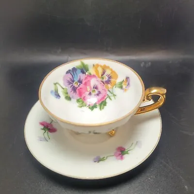 Gold Trimmed Flower Demitasse Cup And Saucer With Pansies Footed Tea Cup • $10.79