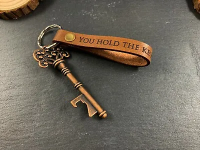 Personalised Leather Keyring With Decorative Key - Anniversary Birthday Gift • £3.49