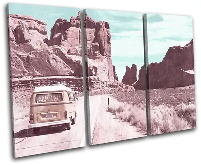 Camper Travel Van Pink Teal Bus Vintage TREBLE CANVAS WALL ART Picture Print • £34.99