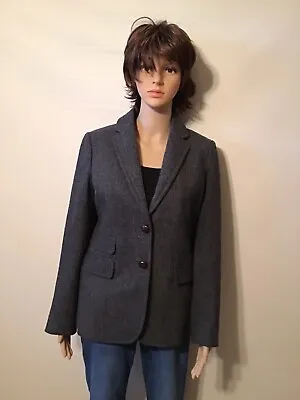 J.crew Hacking Blazer Grey Herringbone Leather Buttons Wool Classy Stylish Size8 • $34.78