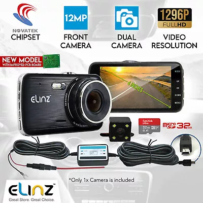 Dash Cam Dual Camera Reversing Recorder Car DVR Video 170° FHD 1296P 4  LCD 32GB • $135