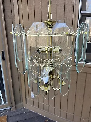 Vintage Mid Century 20 Panel Beveled Glass Hanging Light Fixture Starburst Cake • $125