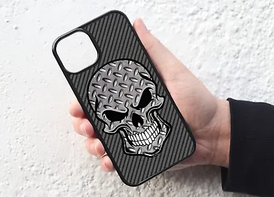 Metal Chequer Plate Skull Carbon Fibre Effect Mobile Phone Case Cover • £9.95