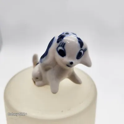 VINTAGE Miniature PORCELAIN DOG FIGURINE ENESCO Korea Handpainted 1.5  Blue Delf • $19.30