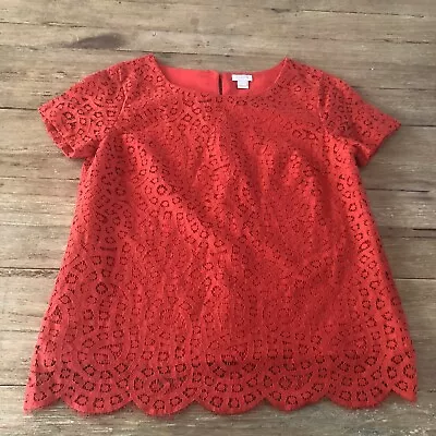 J. Crew Lace Scalloped Hem Short Sleeve Blouse Red Coral 2 • $15