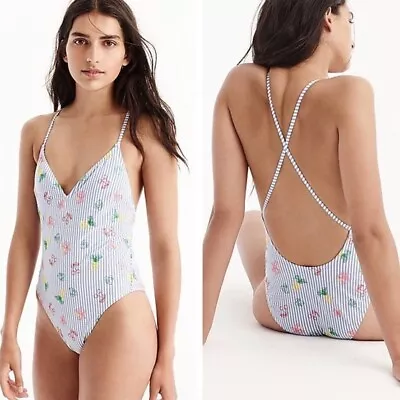 J. Crew Women's 4 Swimsuit Blue Striped Seersucker V-Neck Embroidered One Piece • $59.99