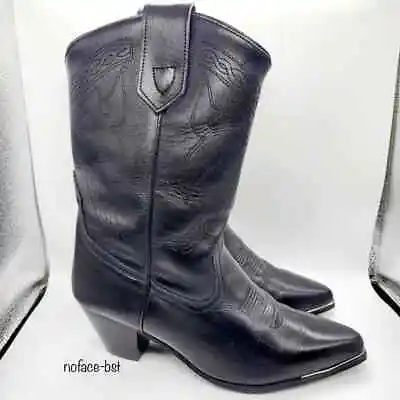 Oak Tree Farms Black Leather Stacked Heel Western Boots Women's Size 6 • $92.99