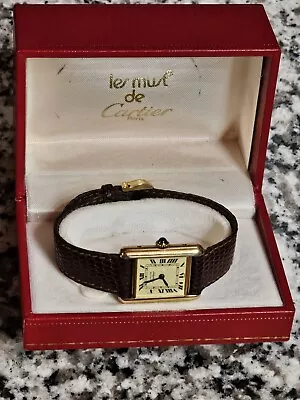 Vtg Les Must De Cartier Gold Plated Sterling Tank Beige Women's Mechanical Watch • $1500