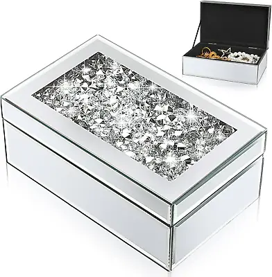 Luxury Silver Crushed Diamond Glass Mirrored Mirrored Jewelry Box Organizer Stor • $32.06