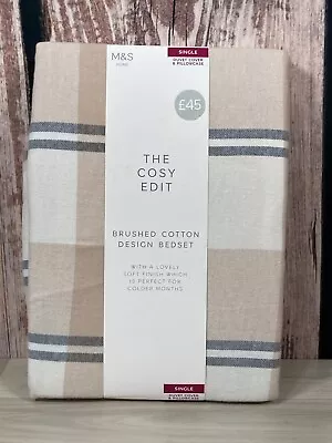 M&S Duvet Cover Set Single Natural Brown Check The Cosy Edit Brushed Cotton New • £19.88