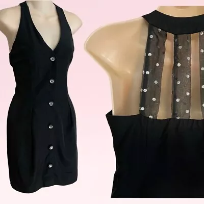 Vintage 90s Y2k Glam Goth Black Mini Plunge Formal Halter Party Dress XS Flawed • $15