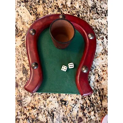 Vintage Leather Horseshoe-Shaped Leather Dice Rolling Mat And Dice Cup Made In I • $85