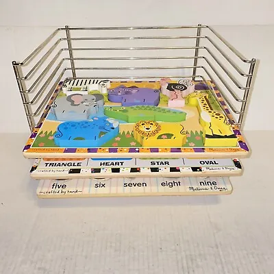Melissa & Doug 2 Chunky & 1 Peg Puzzle With Deluxe Wire 12 Puzzle Storage Rack • $34.99