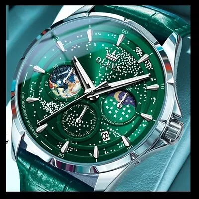 Quartz Watch Men's Green Starry Sky Date Moon Phase Luminous Waterproof Original • $39.95