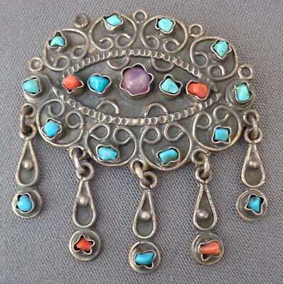 VTG Mexico Brooch Pendant Sterling Silver Amethyst Turquoise Coral Matl Style • $99.99