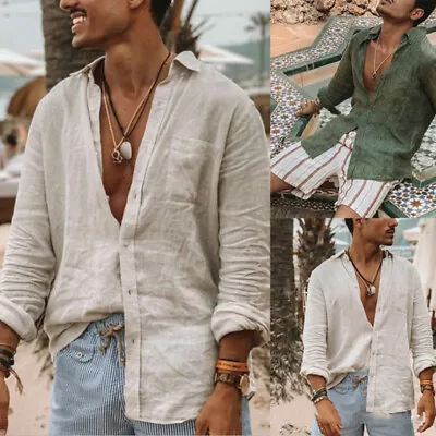 $16.99 • Buy Mens Cotton Linen V-Neck Long Sleeve T-Shirt Tops Holiday Beach Casual Blouse