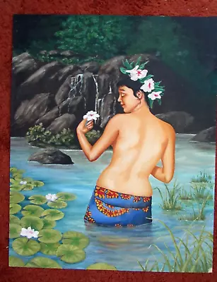 Vtg Original Oil Painting Hawaiian Tahitian Topless Girl In Water By Waterfall • $399.99
