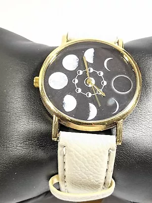 Gold Tone Round Black Face Moon Phases Gray Faux Leather Watch 8.5 Inch • $17.49