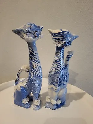 Rare Vintage ENESCO  Long Neck Blue & White Marmalade Cat Figurines Spaghetti • $59.99