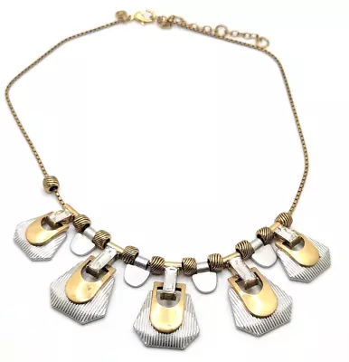 EUC JCrew Egyptian Revival Necklace Rhinestone Mixed Metal Silver Gold Chunky • $22.46