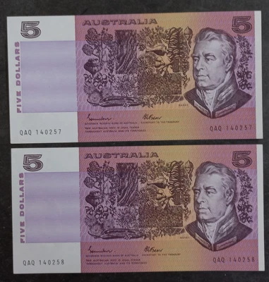 $21.61 • Buy 1985 Australia Consec 2XJohnston Fraser Banknotes Gothic Type Renniks R209b UNC