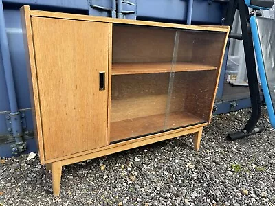 Vintage Mid Century Teak Display Cabinet Shelving Unit Glass Doors Bookcase MCM • £99.99