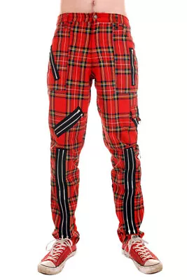 Tiger Of London Mens Red Cotton Tartan Zip Trousers Punk Rock • £39.99
